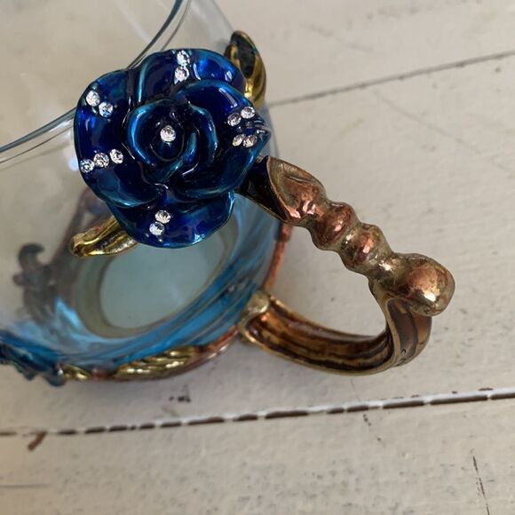 ARC of France Clear Glass Cup Mug Enamel Floral Butterfly With Clear Stone - Picture 3 of 5